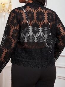 SHEIN Lady 大尺碼女款蕾絲長袖開襟衫 - 黑色 - 查看 2