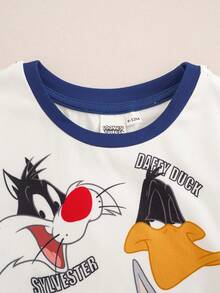 LOONEY TUNES X SHEIN 男嬰卡通印花圓領短袖T恤與短褲套裝 - 白色 - 查看 3