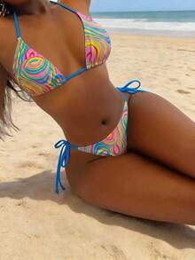 SHEIN Swim Ladies Fashionable Colorful Fluid Print Separated Bikini Set Swimming Costume (Random Print), Summer Beach - Multicolor - View 4