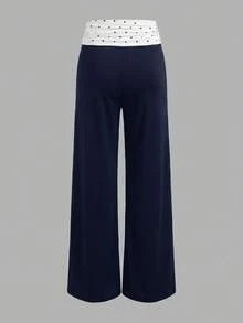青少年女孩休閒日常街頭風波點白色腰帶海軍藍直筒長褲 - 藏蓝色 - 查看 2