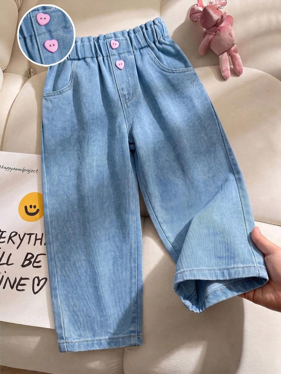 SHEIN Baby Girl Casual Ruched Waist Tapered Jeans - Blue - View 1