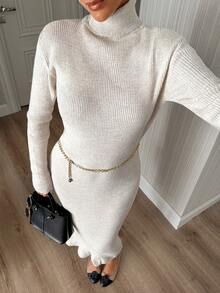 SHEIN Women Solid Color Ribbed Bodycan Sweater Dress - Grey - View 8