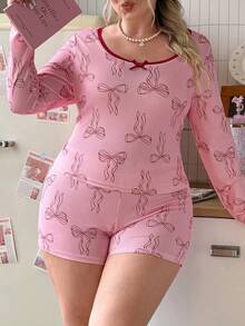 Slumberry CURVE Conjunto de pijama y shorts de punto acanalado cómodo de talla grande con estampado de lazo, cuello redondo y manga larga, estilo Sweet Hot Girl INS - Rosa - Ver 1