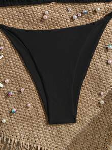 SHEIN Swim 女款新款比基尼套裝，黑色純色針織珍珠海星飾品設計，掛脖側綁繩設計，性感熱帶優雅比基尼套裝 - 黑色 - 查看 6