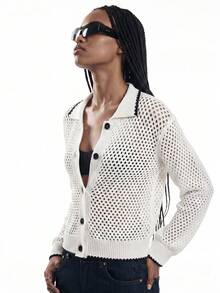 Lumivelle Women's Casual Color Block Shell & Ivory Perforated Long Sleeve Cardigan Sweater - Multicolor - View 3