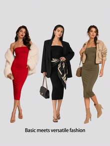 SHEIN BASICS Rochie de cină casual bodycon slim fit fără bretele pentru femei, rochii de vară, haine de vară pentru femei - Galben - Vizualizare 9
