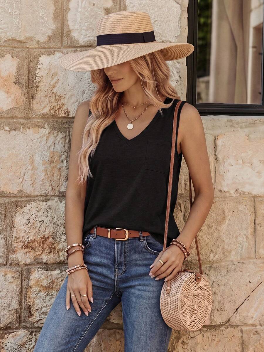 EMERY ROSE Solid Pocket Patched Tank Top - Black - View 1
