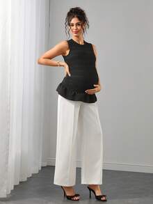 Momance Comfortable Slimming Maternity Set, High Elasticity Ruched Ruffle Top Paired With Four-Way Stretch Wide Leg Pants, Elegant Luxury Old Money Style Maternity Outfit 2-Piece Set - Multicolor - View 2
