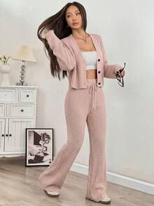 SHEIN EZwear 秋冬季女士休闲纯色宽肩带开衫搭配抽绳喇叭裤两件套 - 藕粉色 - 查看 3