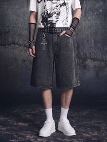Vyqestra Men's Casual Street Style Embroidered Black Wide Leg Denim Shorts - Dark Grey - View 4