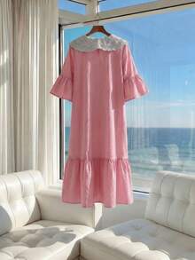 Tween Girl Summer Peter Pan Collar Ruffle Sleeve Pleated Dress - Pink - View 2