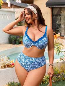 Swim Mod Plus-Size Ditsy Floral Underwire Push-Up Bikini Set (European And American Styles) - Blue - View 3