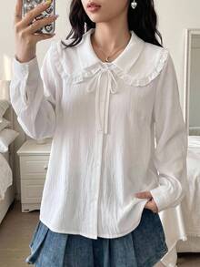 SHEIN 青少年女孩青少年女孩上衣 春夏秋季新款 蝴蝶結彼得潘領 彼得潘領 蕾絲飾邊燈籠袖 學院風休閒百搭白色襯衫，優雅學院風休閒白色襯衫，百搭襯衫 - 白色 - 查看 8