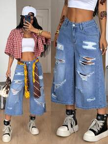 Coolane Women's Summer Streetwear Grunge Y2k Back-To-School Casual Vintage Cotton Wash Low Waist Denim Shorts Bermuda Capri Jeans Ripped Night Out Aqua Blue - Light Wash - View 2