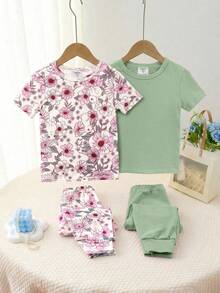 SHEIN 女童休閒極簡修身舒適圓領短袖長褲家居服套裝，適合春夏，4件套 - 彩色 - 查看 4