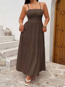Sunnyshic Plus Size Women's Solid Color Pleated Casual Party Vacation Travel Spaghetti Strap Dress, Suitable For Summer - Brown - View 7