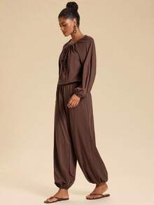 Travachic Women's 34% Cotton Knit Slightly Elastic Drawstring Multi-Wear Collar Long Sleeve Elastic Waist Jumpsuit - Rust Brown - View 4