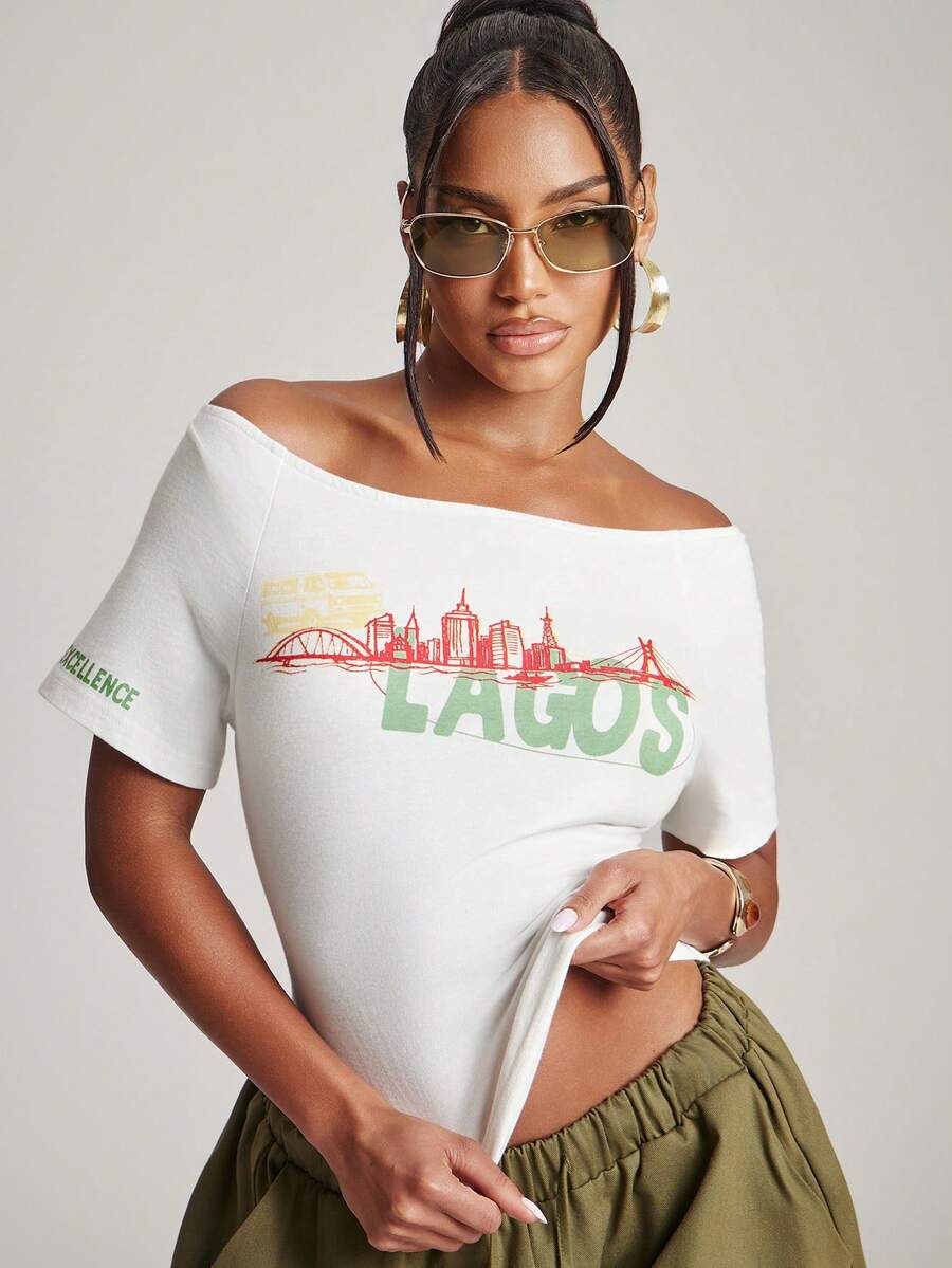NYA SZN Top Color Block Short Sleeve Ribbed Knit Trim Printed Graphic Tee "Lagos" "Center Of Excellence" Oversized Summer Red Green Yellow Outfits For Women - Apricot - View 1