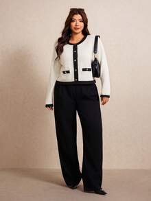 Elaquor Plus Size Autumn/Winter Casual Elegant Contrast Trim Cardigan Office Formal Black And White - Apricot - View 6