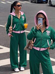 Sparklyn 冬季衣物、冬季套裝、青少年女孩冬季衣物、秋季衣物、聖誕衣物、2件裝青少年女孩字母印花連帽棒球夾克與休閒長褲套裝秋季 - 彩色 - 查看 1
