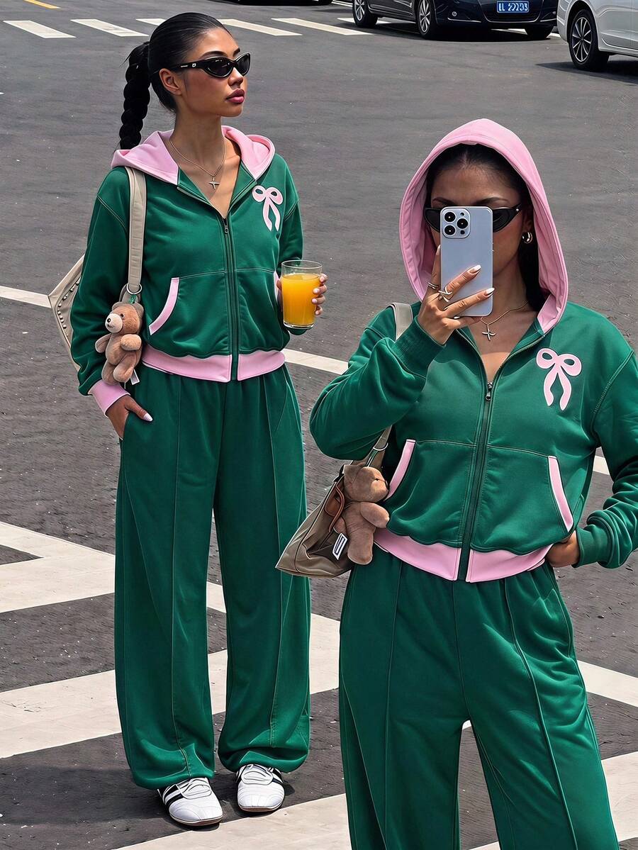 Sparklyn 冬季衣物、冬季套裝、青少年女孩冬季衣物、秋季衣物、聖誕衣物、2件裝青少年女孩字母印花連帽棒球夾克與休閒長褲套裝秋季 - 彩色 - 查看 1