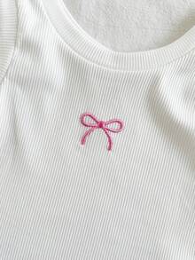 SHEIN Vintaside Kids 2026夏季女童蝴蝶結刺繡兩件套 白色羅紋無袖背心 + 彩色蝴蝶結捲邊牛仔短褲套裝，時尚休閒日常小女孩外穿服飾 - 白色 - 查看 6