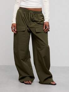 COUREZ Mid Balloon Cargo Trousers In Khaki /Y2K Pants For Women Back To School Green Pants Fall Winter Clothes Casual Going Out Outfits - Army Green - View 2