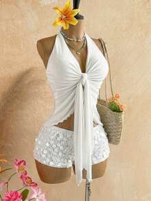 Soleia Women's Sexy Solid Color Halter Neck V-Neck Knot Asymmetrical Hem Tank Top Beach White Summer - White - View 7