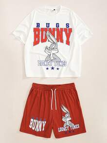 LOONEY TUNES X SHEIN Men's Versatile Letter Print Crew Neck Short Sleeve T-Shirt And Drawstring Waist Pocket Shorts Set - White - View 1