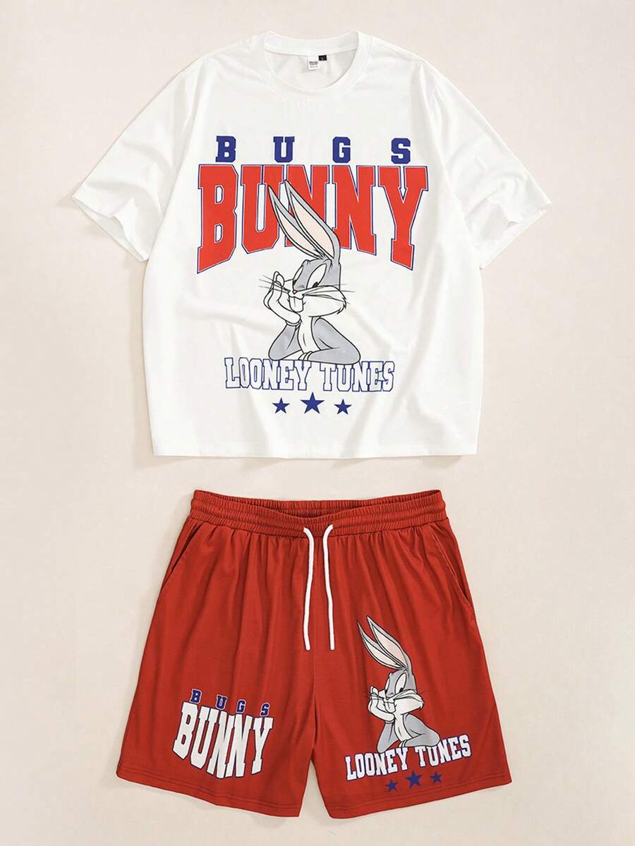 LOONEY TUNES X SHEIN Men's Versatile Letter Print Crew Neck Short Sleeve T-Shirt And Drawstring Waist Pocket Shorts Set - White - View 1