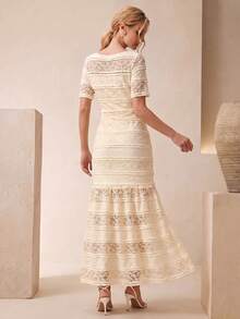 Anewsta Women's Elegant Romantic Lace Hollow Out Bodycon Dress Wedding Formal Office Off-White Summer - Apricot - View 5