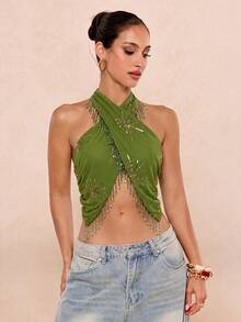 Lumalex Women's Tassel Decor Fashion Versatile Date & Travel Halter Top - Green - View 8