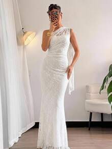 Firerie 女款夏季優雅浪漫時尚通勤性感優雅風不對稱領修身長洋裝，適合派對、海灘度假、開學季、浪漫約會、婚禮季、生日、復活節，春夏洋裝 - 白色 - 查看 9