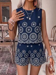 EMERY ROSE Vacation Linen-Like Fabric Round Neck Sleeveless Printed Top & Shorts For Women - Navy Blue - View 4