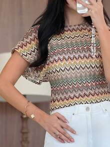 Yasmeen Edit Yasmeen Edit Chic Boho Striped Beige Knit Hollow Out Tee Summer Vacation Casual - Multicolor - View 5
