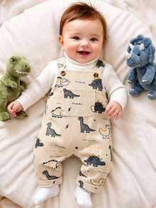 SHEIN Vintaside Kids 1件嬰兒男童棕熊刺繡直筒吊帶褲 米色秋季幼兒中性服飾 - 杏色 - 查看 4