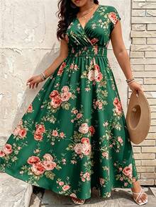 Breezaya Plus Size Women's New Printed Slimming Leg-Lengthening V-Neck Elastic Waist Summer Casual Vacation Style Dress - Multicolor - View 4