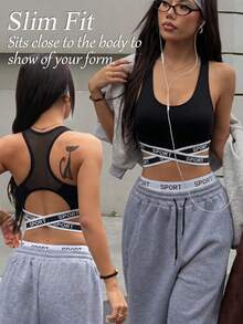 Gameset SHEIN Sport Women's Lettered Webbing Criss-Cross Design Daily Fitness Sports Bra - Black - View 6