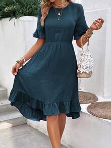 EMERY ROSE 1pc Flounce Sleeve Ruffle Hem Dress - Teal Blue - View 4