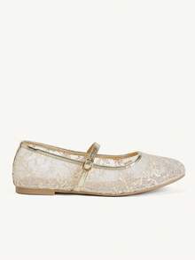 CUCCOO CHICEST 女款蕾絲網眼瑪麗珍鞋 夏季透氣扣帶平底鞋 日常通勤約會溫柔風鞋款 - 金色 - 查看 3