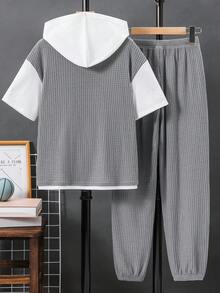 SHEIN 2件組兒童青少年男孩休閒連帽T恤 2合1灰色T恤與灰色長褲運動套裝，適合秋季、上學、家庭聚會、運動、秋季穿搭、冬季穿搭、生日派對 - 彩色 - 查看 3
