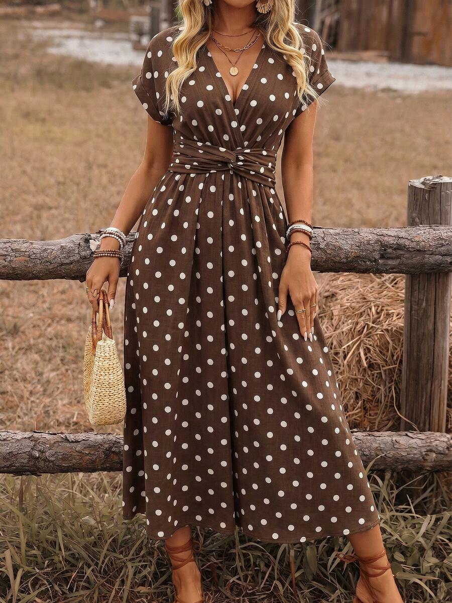 Wandoria 女款棕色波點對比領縮腰扭結收腰 A 字版型後背抓皺長洋裝,落肩袖口長袖,優雅法式復古辦公通勤度假海灘西式簡約百搭下午茶派對春夏季新款 - 咖啡棕 - 查看 1