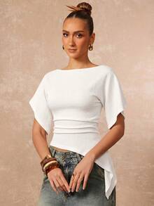 Lumalex Women's Knitted Textured Waist-Cinched Asymmetrical Hem T-Shirt - White - View 7