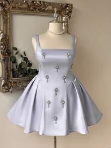 Lovelzi Plus Size Elegant Luxurious Light Sky Blue Satin Handmade Integrated Rhinestone Decor Wide Strap Back Tie Detail A-Line Ball Gown Formal - Baby Blue - View 1