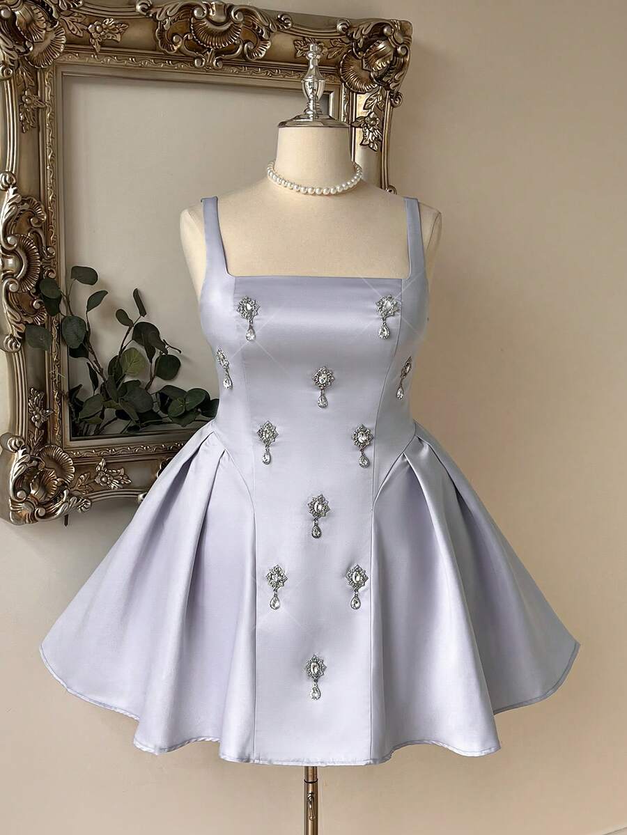Lovelzi Plus Size Elegant Luxurious Light Sky Blue Satin Handmade Integrated Rhinestone Decor Wide Strap Back Tie Detail A-Line Ball Gown Formal - Baby Blue - View 1