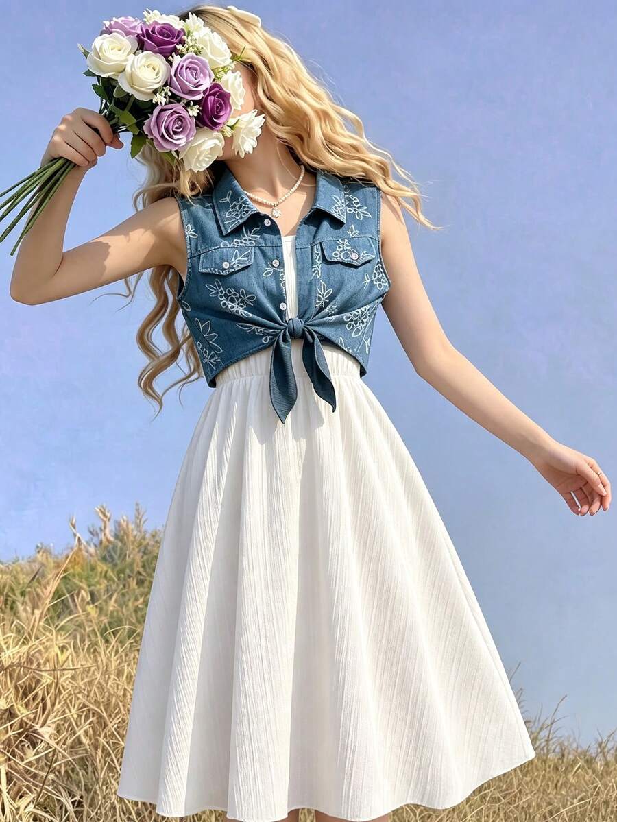 SHEIN 青少年女孩花卉洋裝兩件套，返校季休閒簡約復古修身女孩夏季洋裝