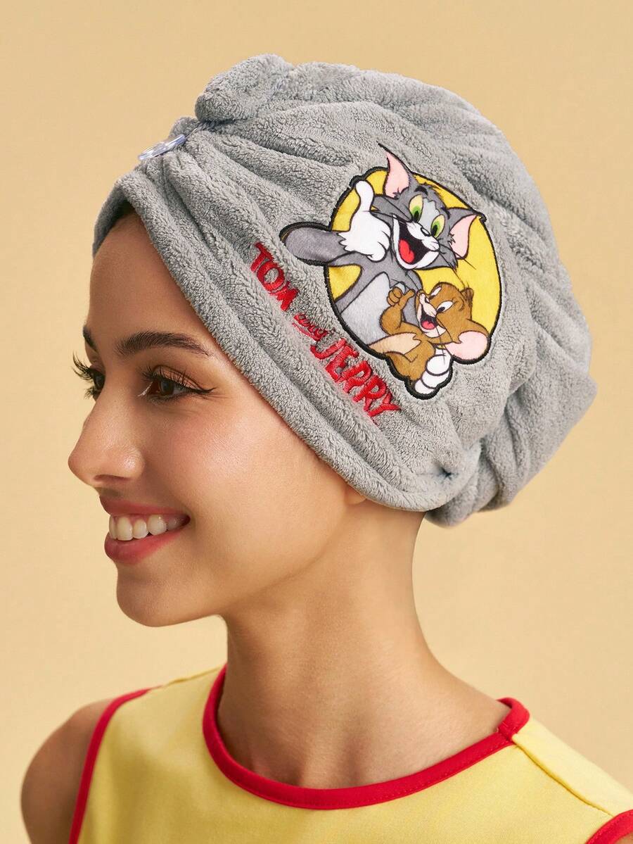 TOM & JERRY X SHEIN 卡通刺繡黃色毛絨乾髮帽,適用於居家浴室 - 灰色 - 查看 1