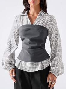 LYSMO Colorblock Patchwork Plaid Cinched Waist Shirt - Multicolor - View 5