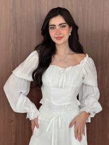 Yasmeen Edit Yasmeen Edit Elegant White Summer Tea Party Blouse,Sweetheart Neck Ruched Bust Frill Trim Lotus Knot Puff Flare Long Sleeve Tops,Victorian Pirate Rococo Shirt - White - View 2