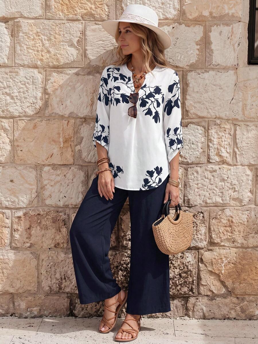 EMERY ROSE Elegant Casual Commuter Style Long Shirt And Pants Two Pieces Set Women Two Pieces Set Women Vacation Navy Blue Autumn - Multicolor - View 1